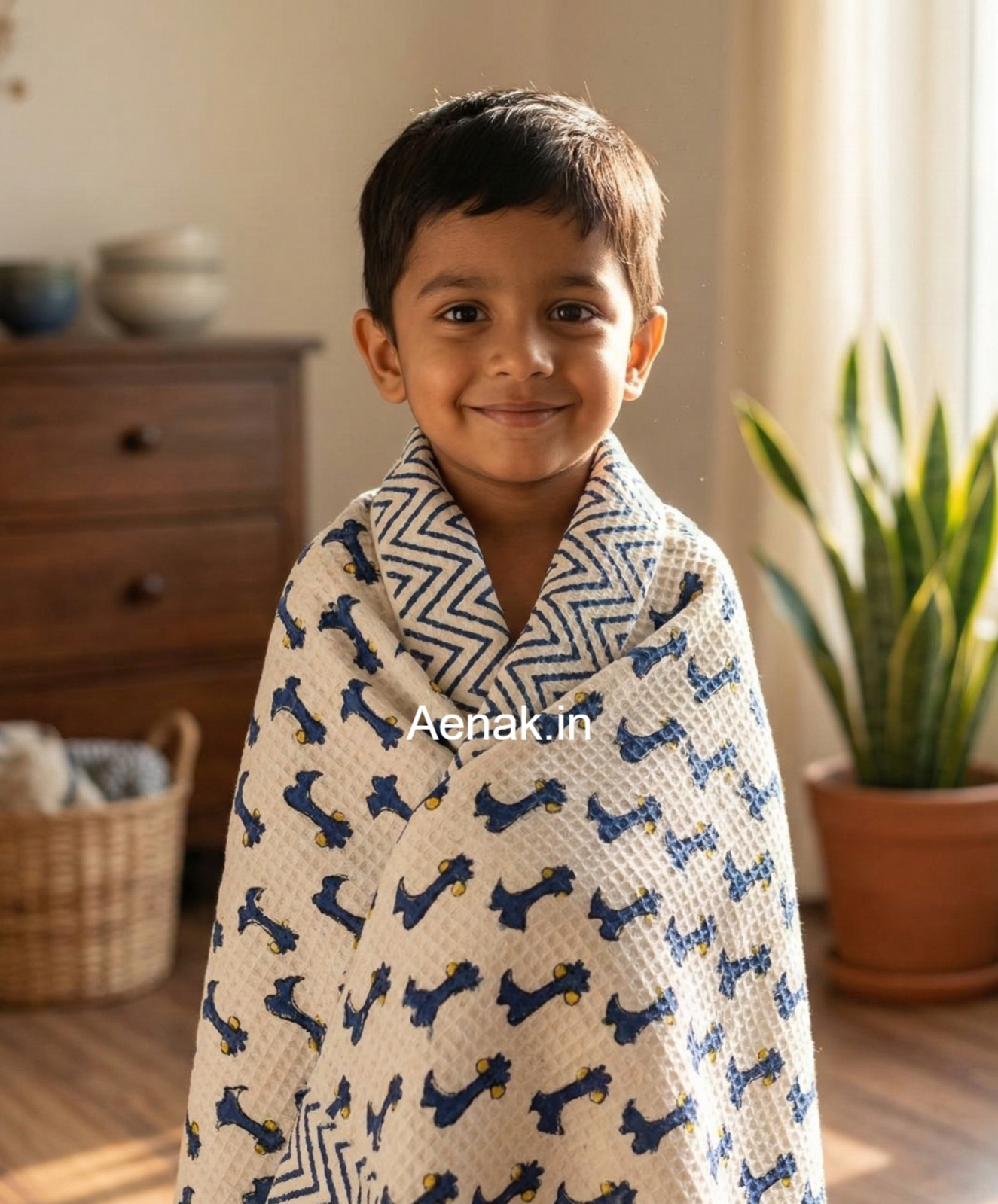 Blue Dinosaur Handblock Waffle Cotton Bathing Towel