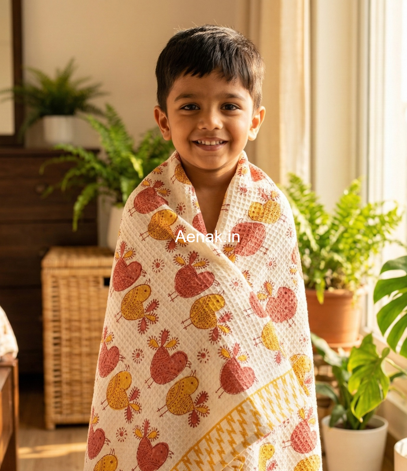 Orange Red Sparrow Handblock Waffle Cotton Bathing Towel