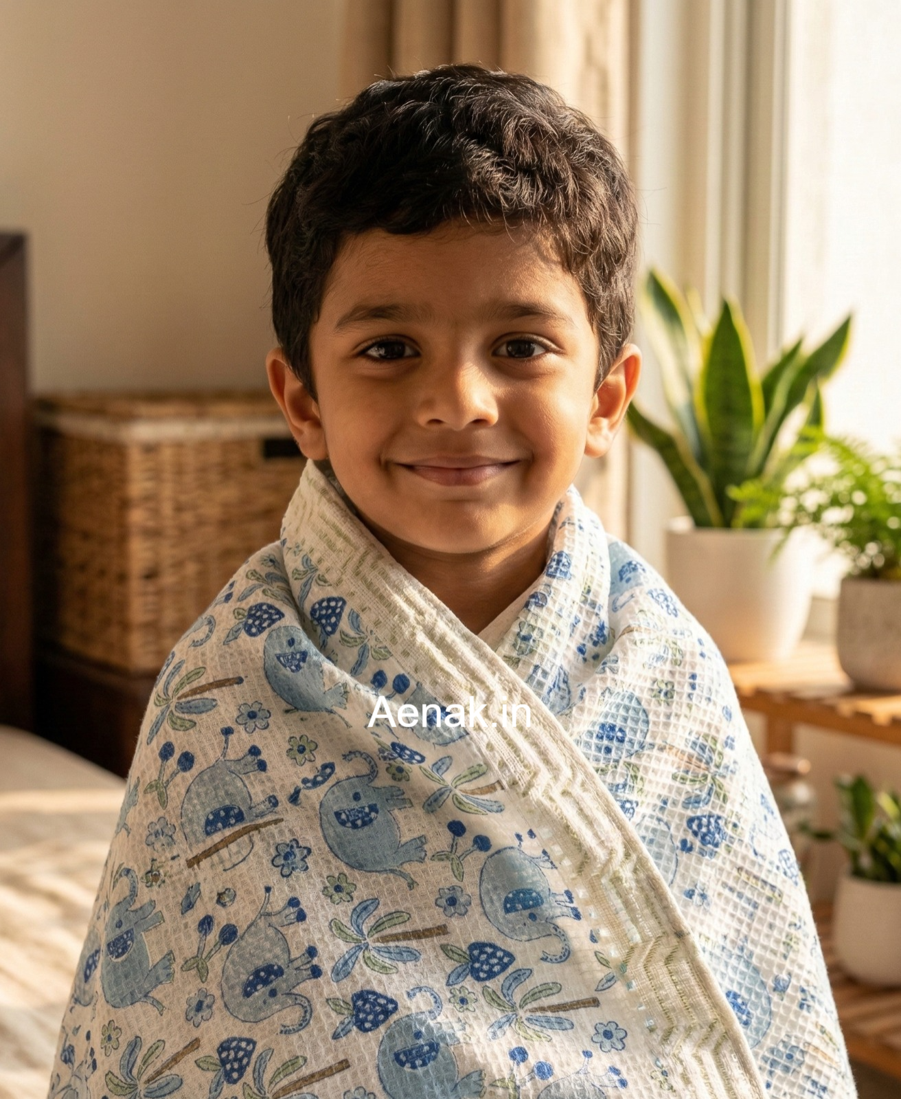 Blue Elephant Handblock Waffle Cotton Bathing Towel