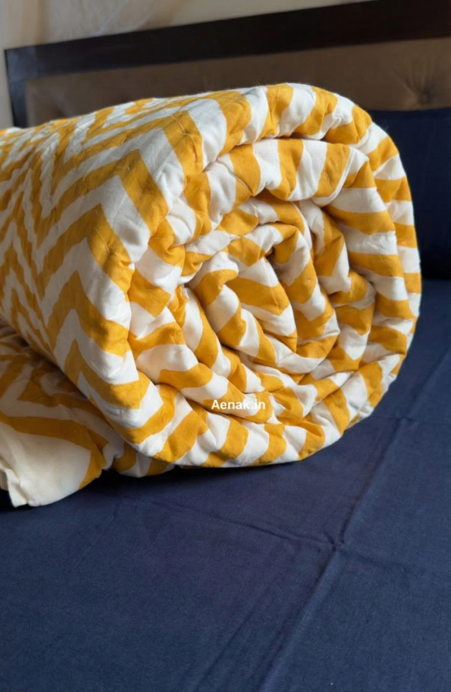 Yellow Chevron Elephant Handblock Reversible Mulmul Cotton Quilt