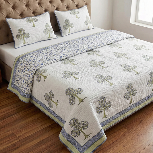 Purple Tree Handblock Reversible Quilted Cotton Bedcover Set- 105x108