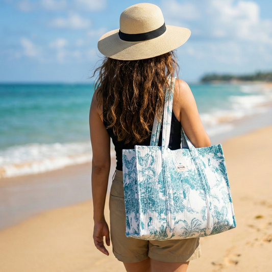 Teal Jungle Quilted Cotton Travel Bag + Vanity Pouch