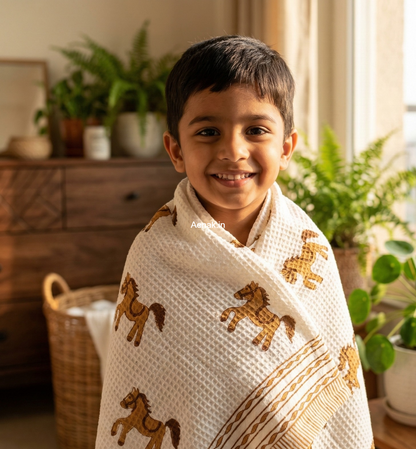Brown Horse Handblock Waffle Cotton Bathing Towel
