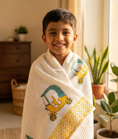 Yellow Blue Auto Handblock Waffle Cotton Bathing Towel