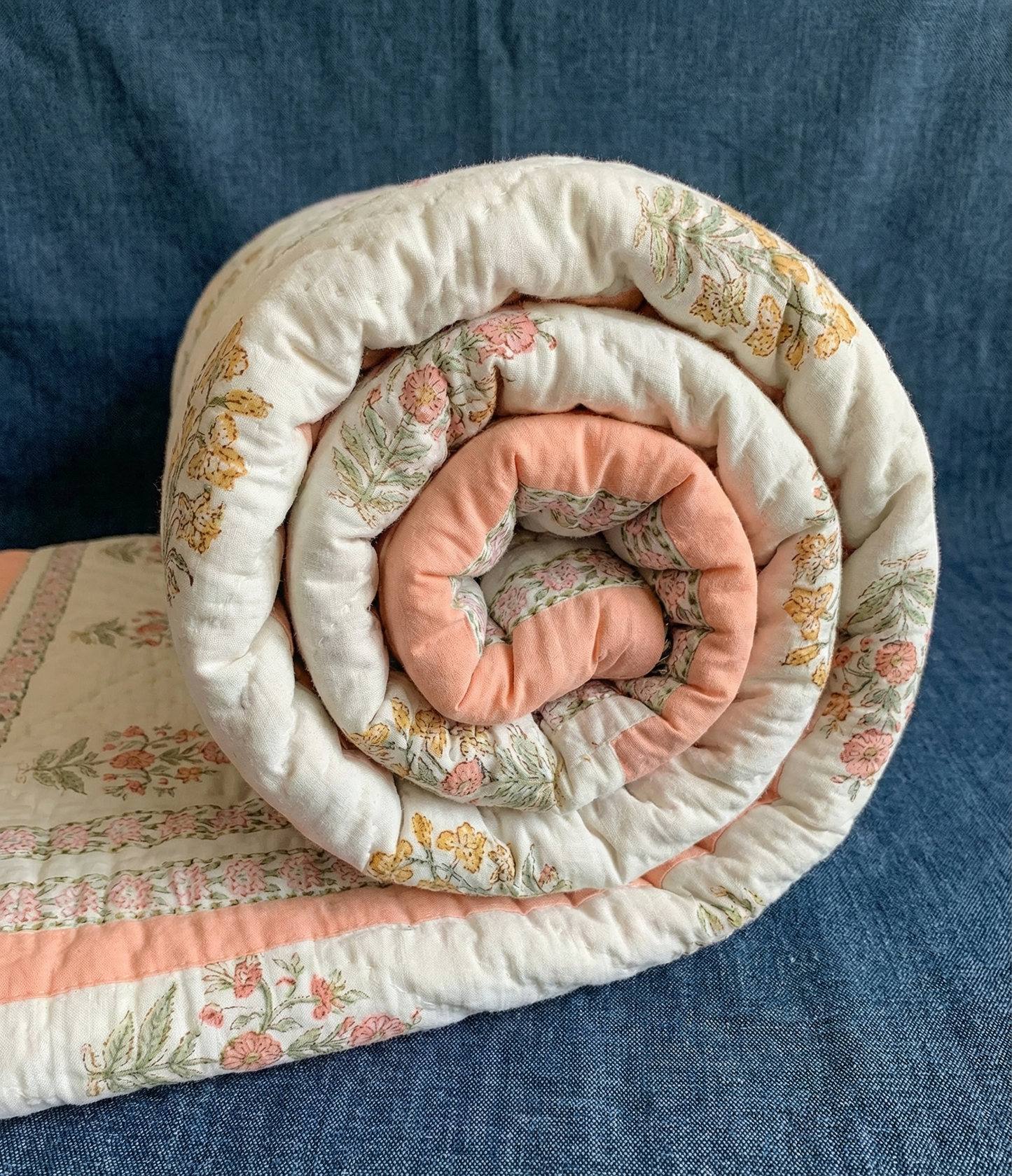 Peach & Yellow Guldasta Handblock Reversible Mulmul Cotton Single Quilt