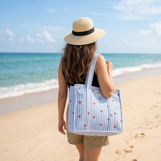 Blue Little Heart Quilted Cotton Travel Bag + Vanity Pouch