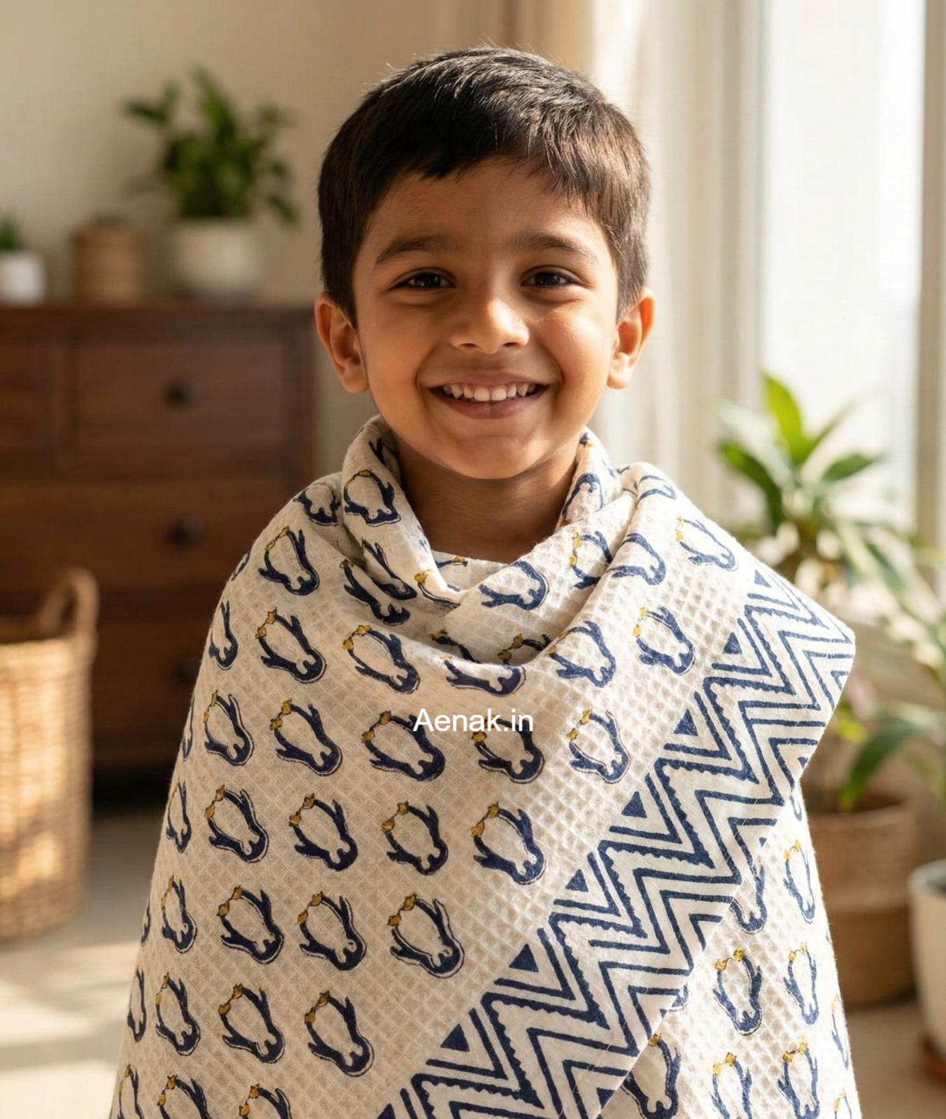 Blue Penguin Handblock Waffle Cotton Bathing Towel
