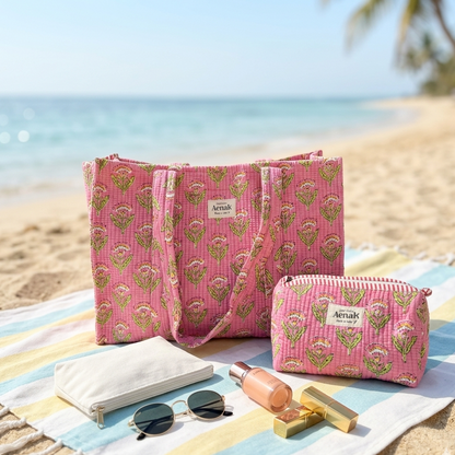Pink Floral Garden Quilted Cotton Travel Bag + Vanity Pouch