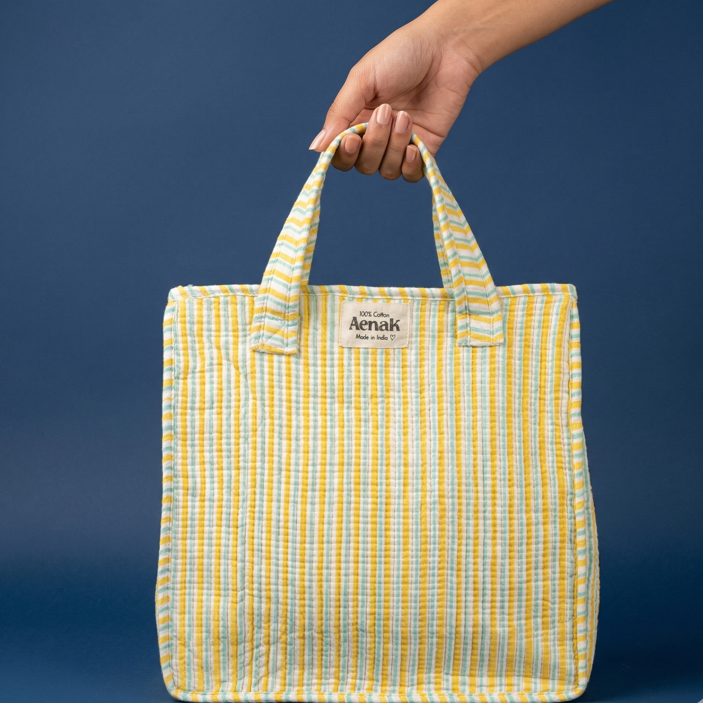 Yellow & Sky Blue Striped Handblock Lunch Bag