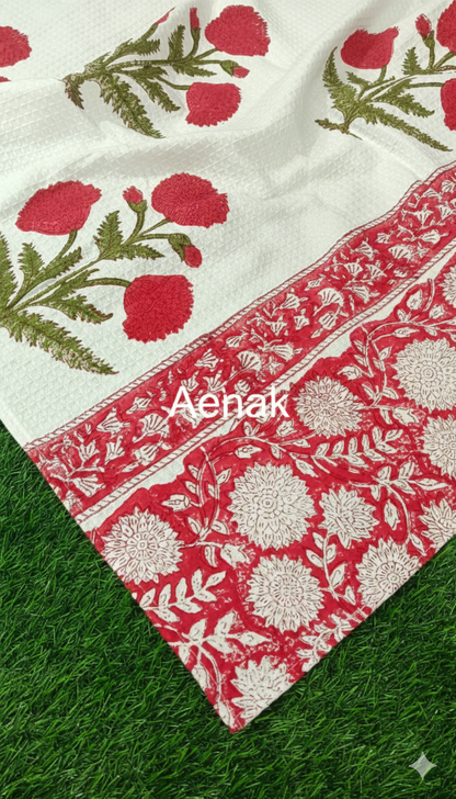 Red Floral Garden Handblock Waffle Cotton Towel