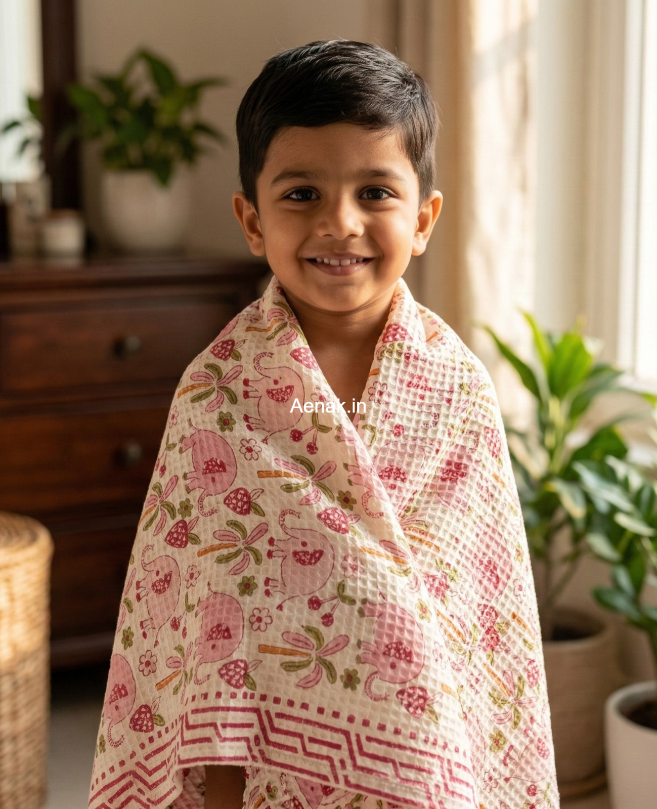 Pink Elephant Handblock Waffle Cotton Bathing Towel