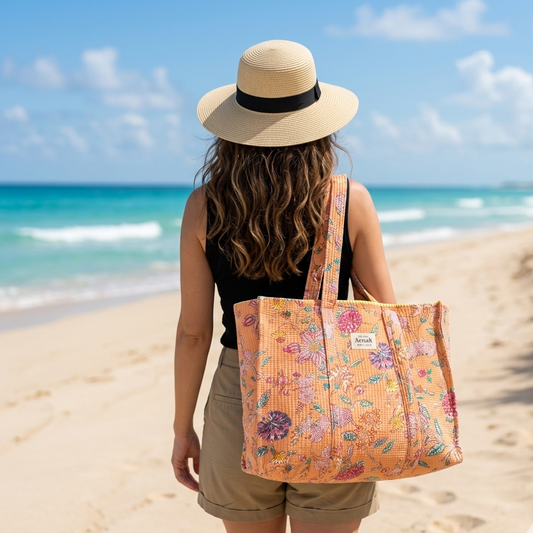 Orange Floral Garden Quilted Cotton Travel Bag + Vanity Pouch