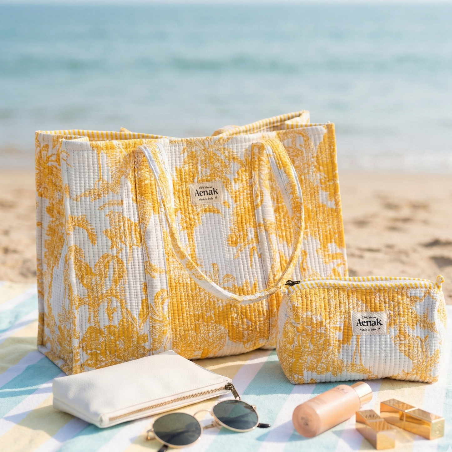 Yellow Jungle Quilted Cotton Travel Bag + Vanity Pouch