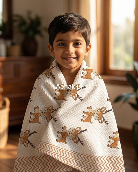 Cute Deer Handblock Waffle Cotton Bathing Towel