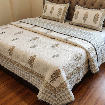 Yellow Blue Guldasta Handblock Reversible Quilted Cotton Bedcover Set- 105x108
