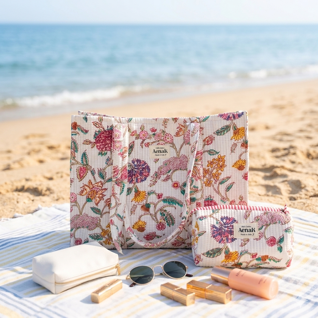 Purple & Pink Floral Garden Quilted Cotton Travel Bag + Vanity Pouch