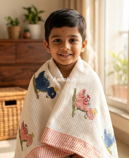 Pink & Blue Dinosaur Handblock Waffle Cotton Bathing Towel