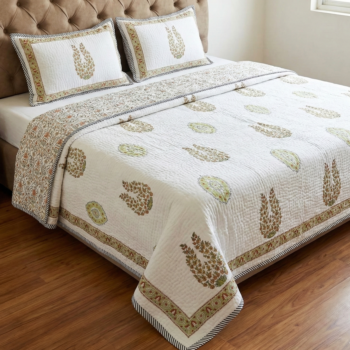 Yellow Mughal Boota Handblock Reversible Quilted Cotton Bedcover Set ...