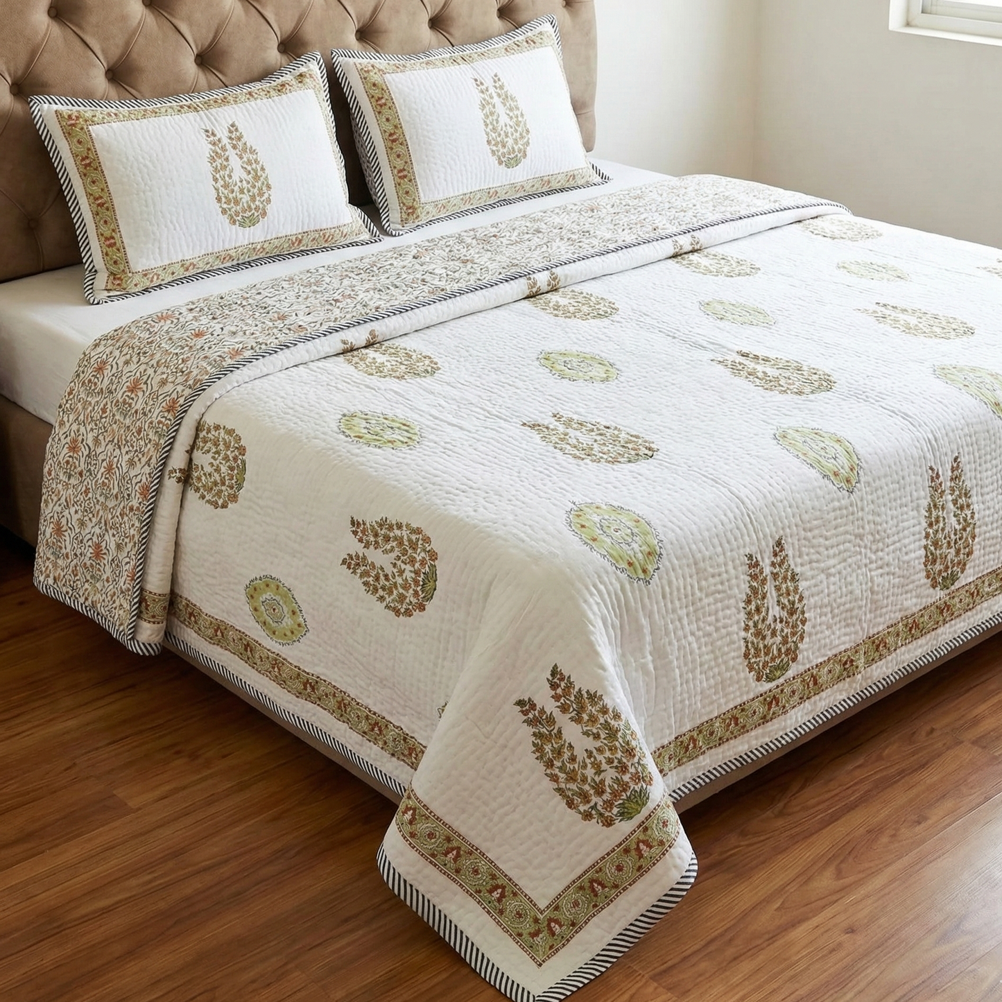 Yellow Mughal Boota Handblock Reversible Quilted Cotton Bedcover Set- 105x108