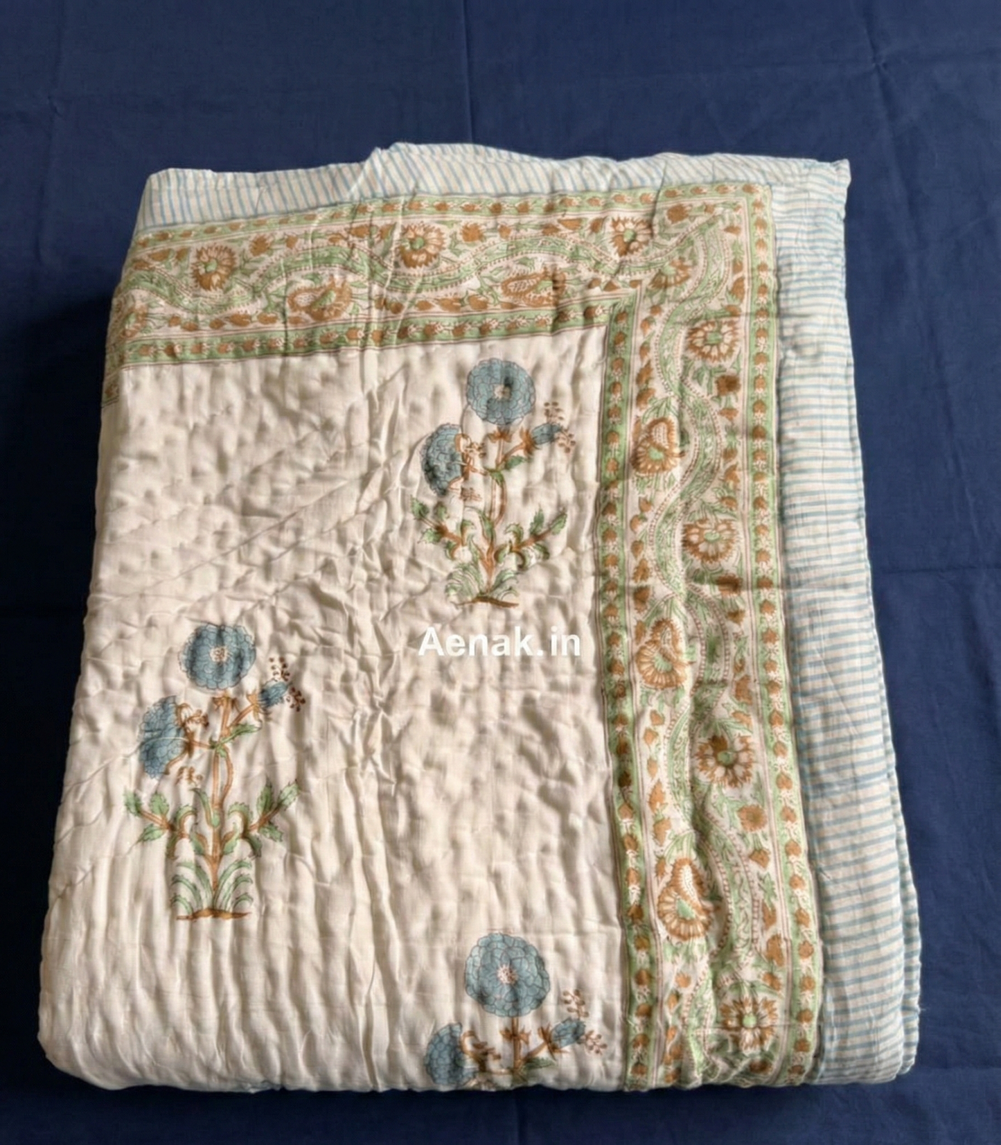 Blue Marigold Handblock Reversible Mulmul Cotton Quilt