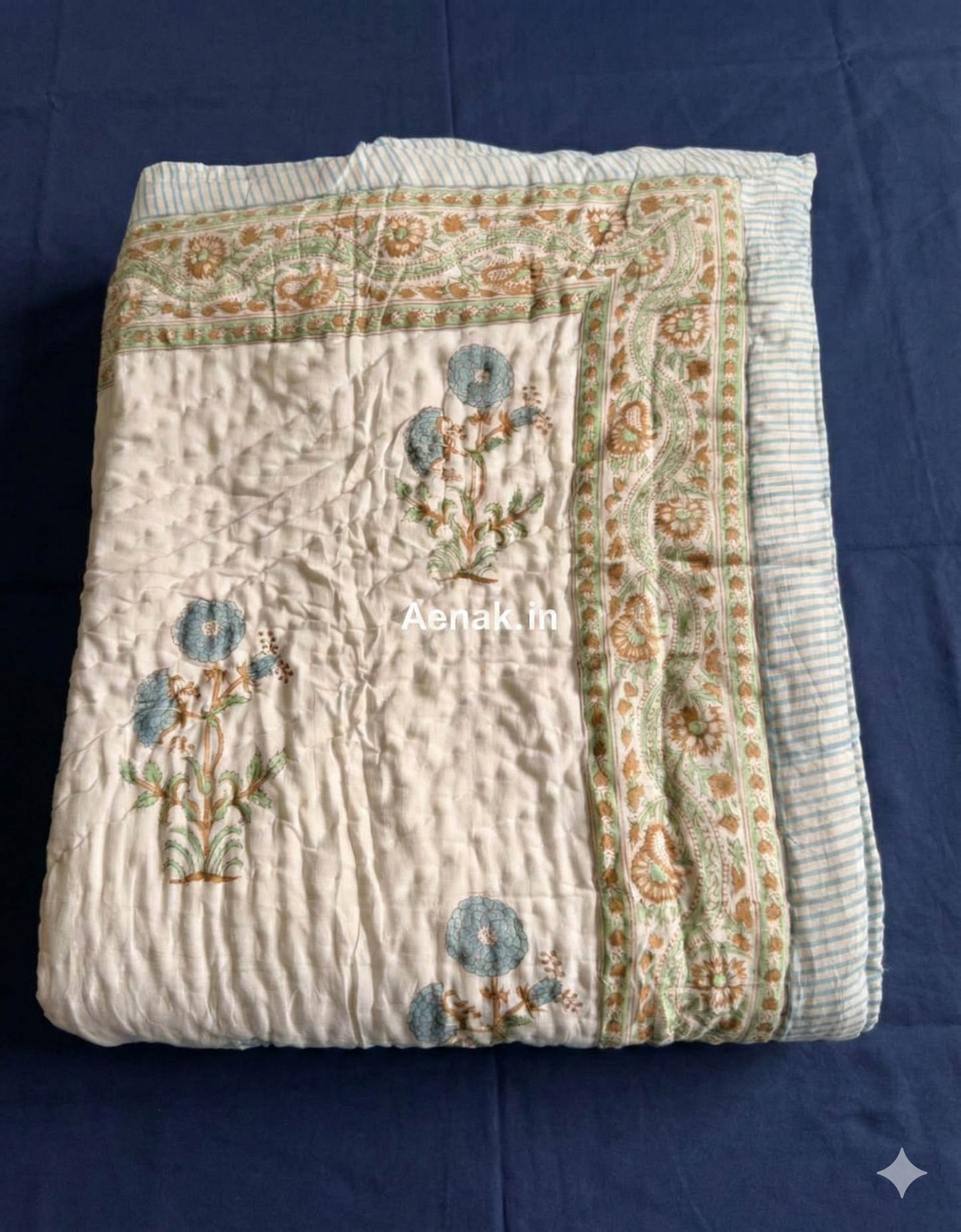 Blue Marigold Handblock Bedsheet + Quilt Combo Set