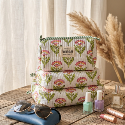 White Floral Garden Quilted Vanity Pouches-Set of 3