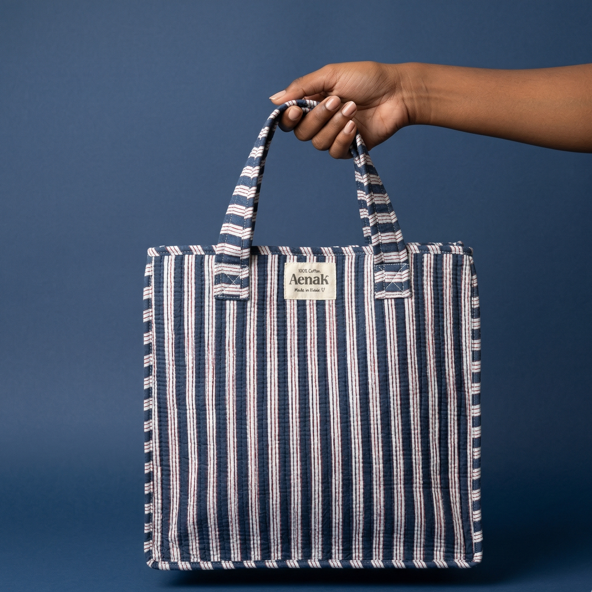 Navy Blue Striped Handblock Lunch Bag