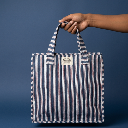 Navy Blue Striped Handblock Lunch Bag