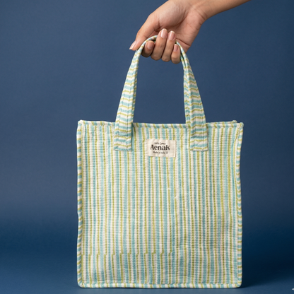 Light Green & Light Blue Striped Handblock Lunch Bag