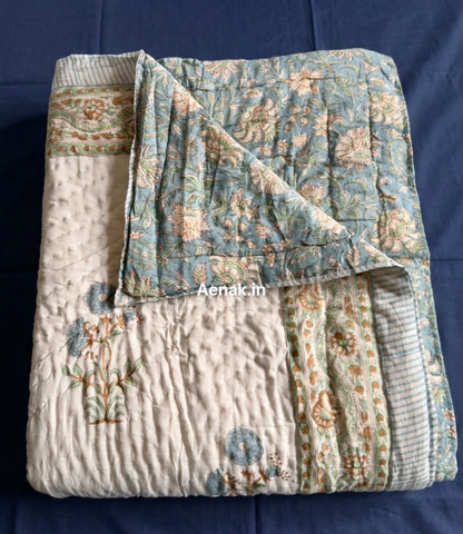 Blue Marigold Handblock Reversible Mulmul Cotton Quilt