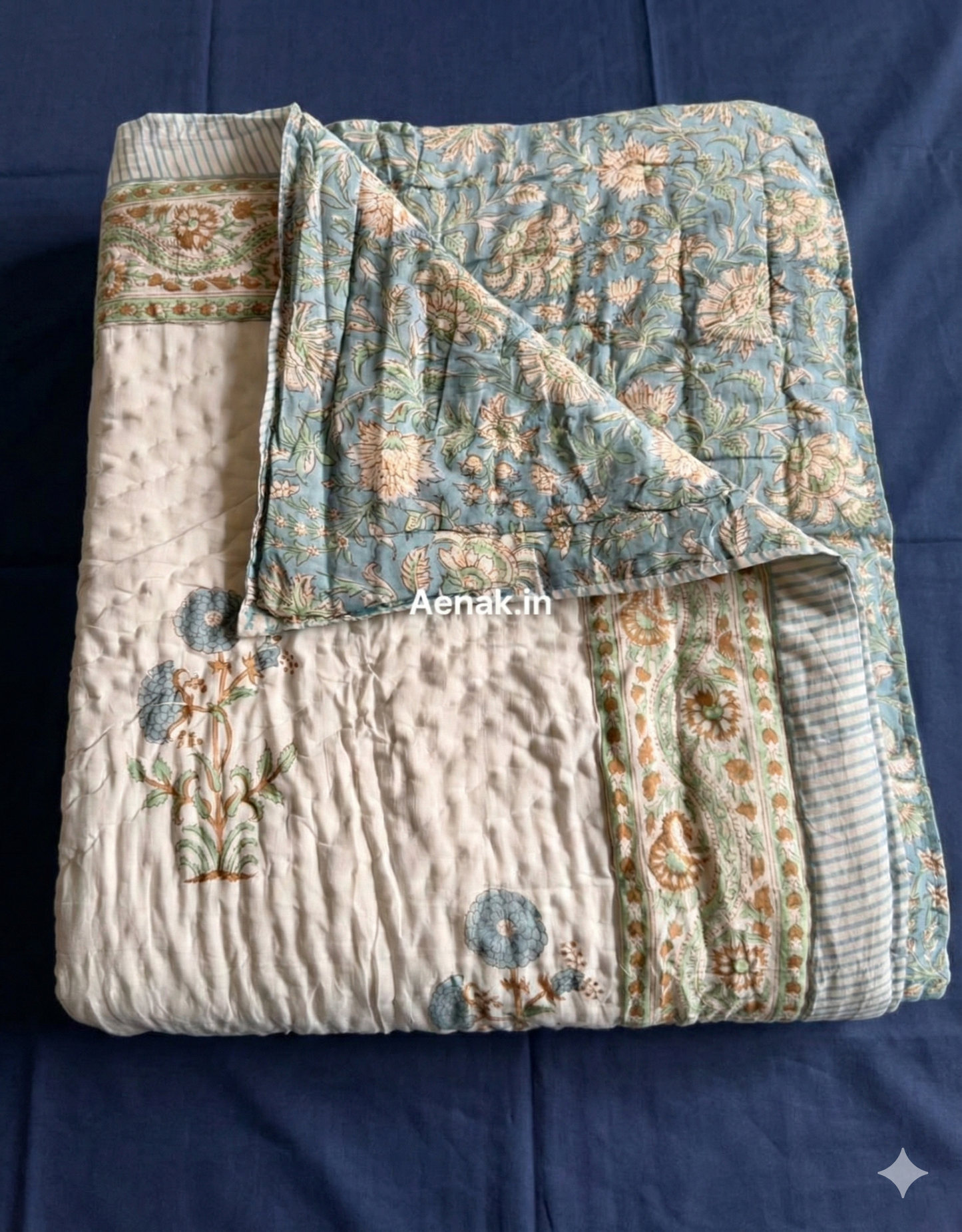 Blue Marigold Handblock Bedsheet + Quilt Combo Set