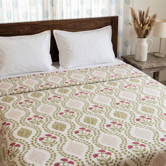 Red Poppy Handblock Mulmul Cotton Reversible Dohar