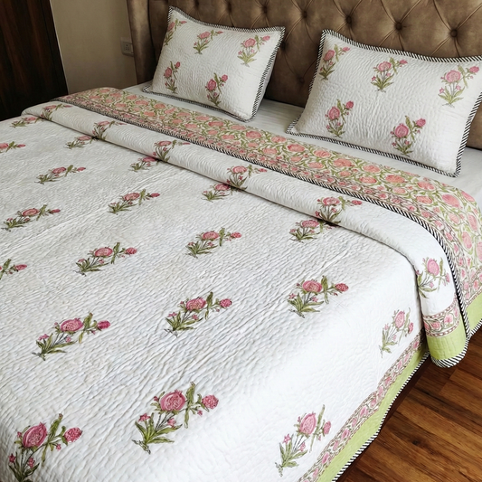 Pink Rose Boota Handblock Reversible Quilted Cotton Bedcover Set- 105x108