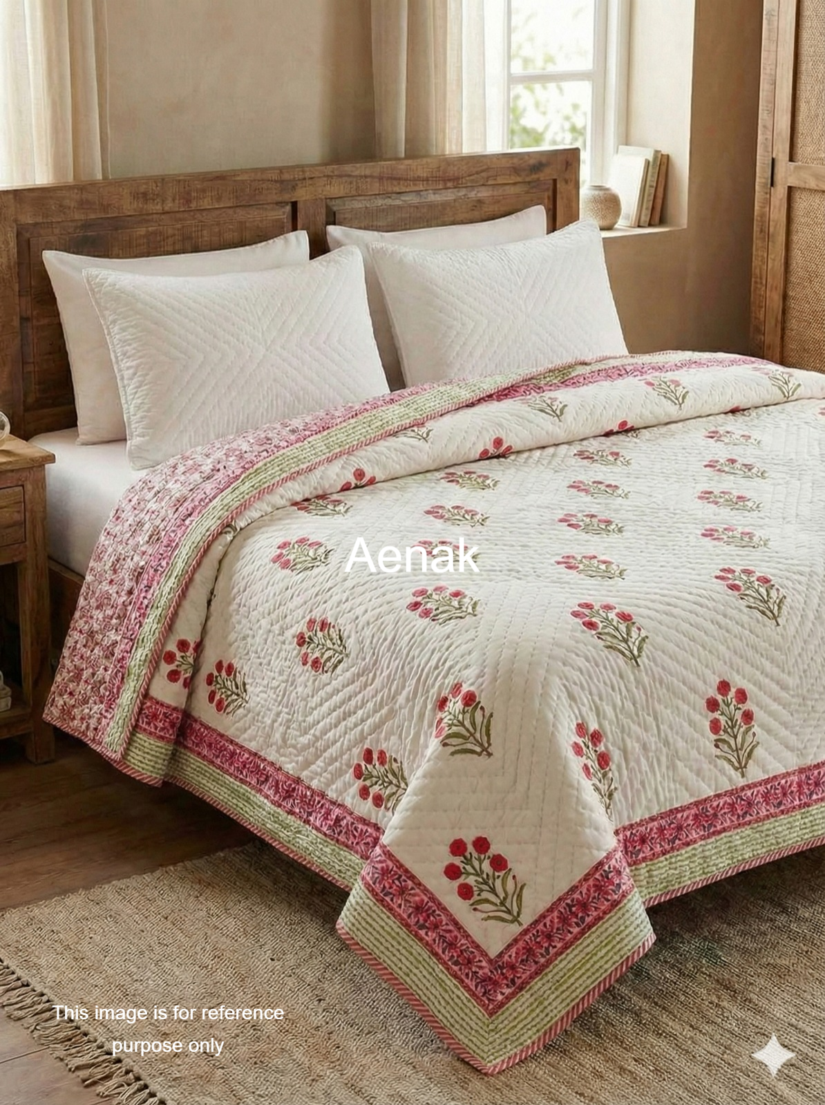 Pink Floral Boota Handblock Reversible Mulmul Cotton Single Quilt