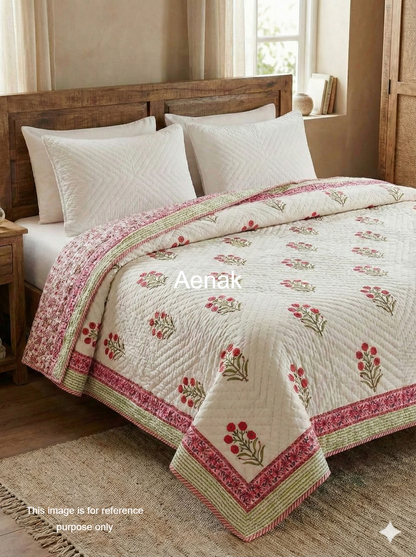 Pink Floral Boota Handblock Reversible Mulmul Cotton Single Quilt