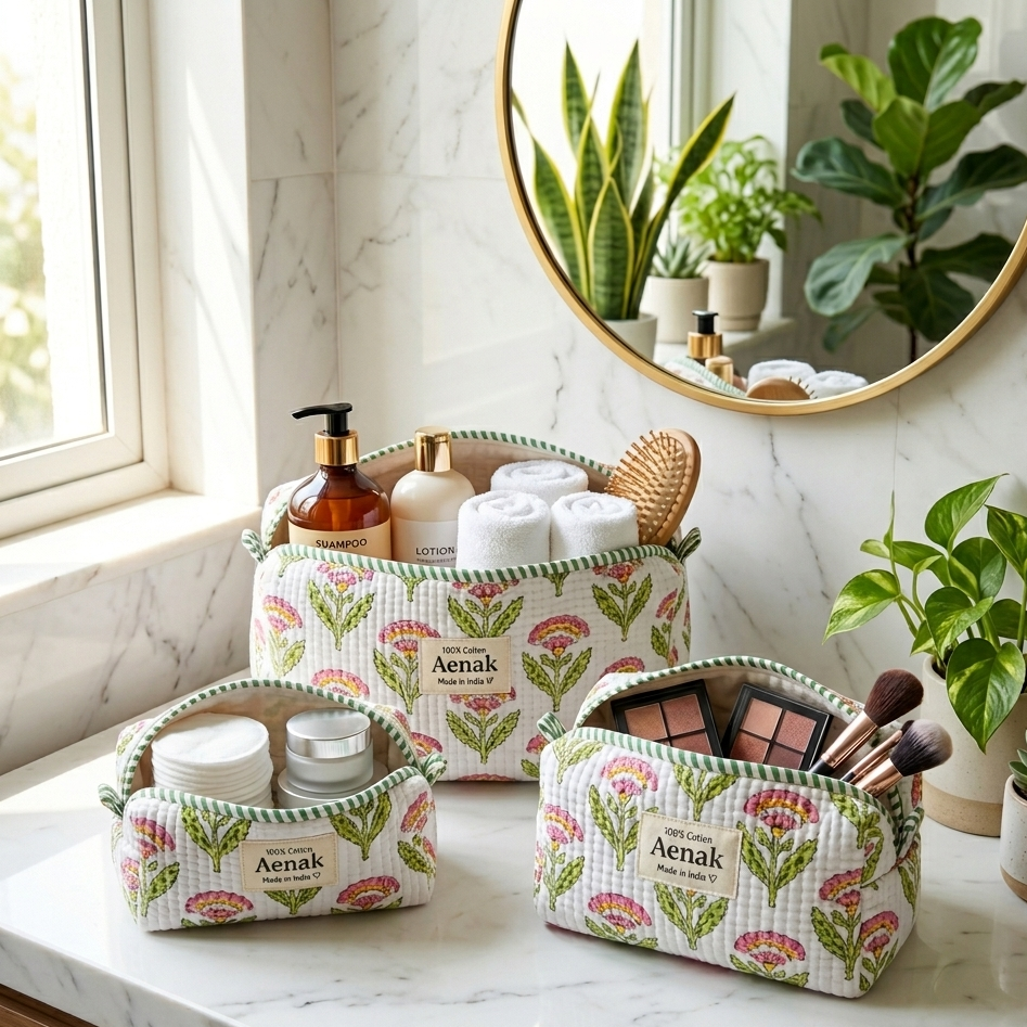 White Floral Garden Quilted Vanity Pouches-Set of 3