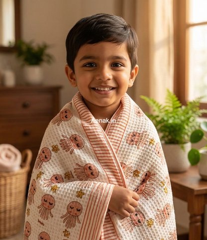 Orange Octopus Handblock Waffle Cotton Bathing Towel