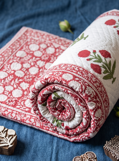 Red Dahlia Gadd Handblock Reversible Mulmul Cotton Quilt
