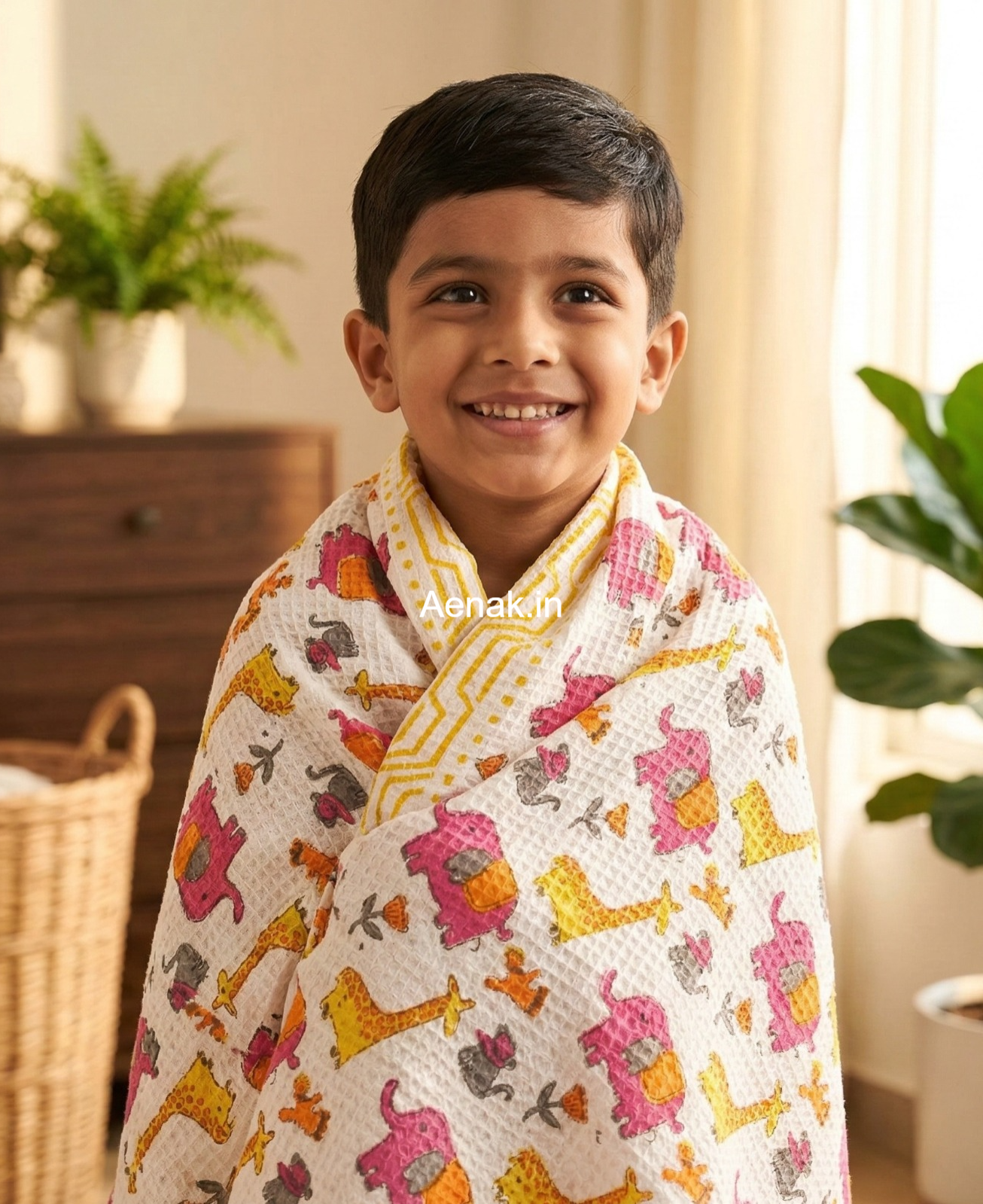 Elephant & Giraffe Rocket Handblock Waffle Cotton Bathing Towel