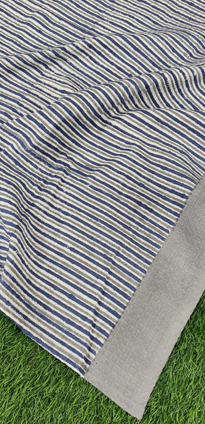 Grey & Blue Striped Handblock Waffle Cotton Towel