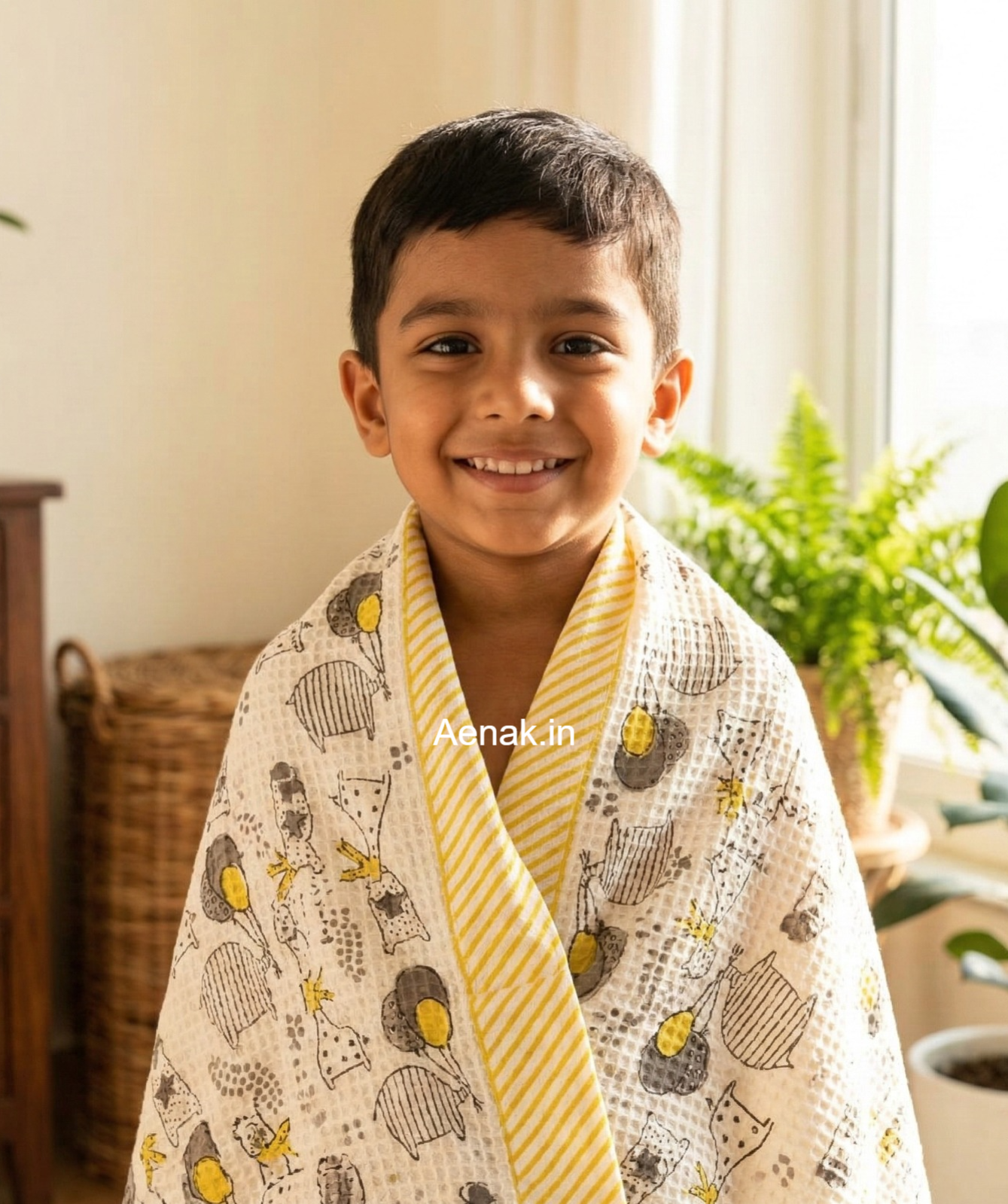 Grey Animals Handblock Waffle Cotton Bathing Towel
