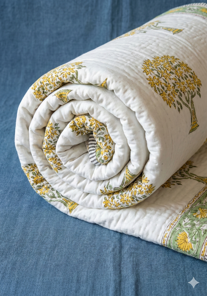 Yellow Bodhi Tree Handblock Reversible Mulmul Cotton Quilt