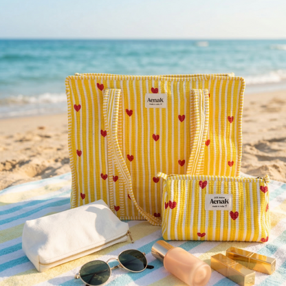 Yellow Little Heart Quilted Cotton Travel Bag + Vanity Pouch