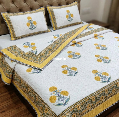 Yellow Marigold Handblock Printed Reversible Quilted Bedcover