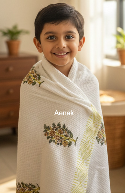 Green & Yellow Phool Handblock Printed Waffle Cotton Bathing Towel