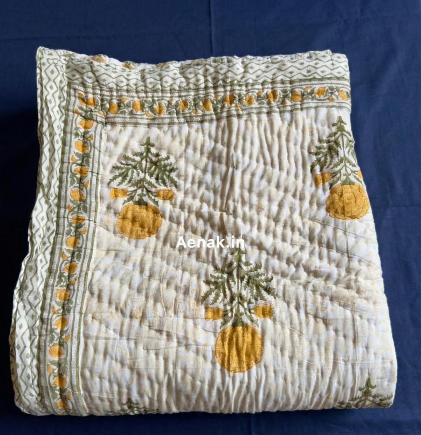 Yellow Marigold Paani Jaal Handblock Reversible Mulmul Cotton Quilt