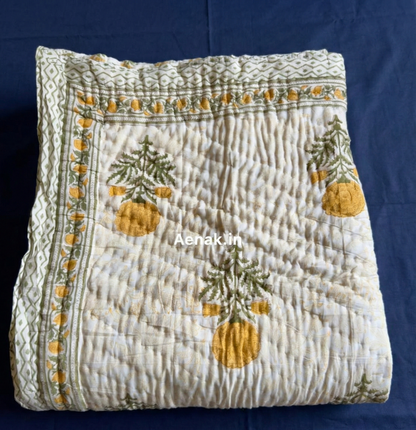 Yellow Marigold Paani Jaal Handblock Reversible Mulmul Cotton Quilt