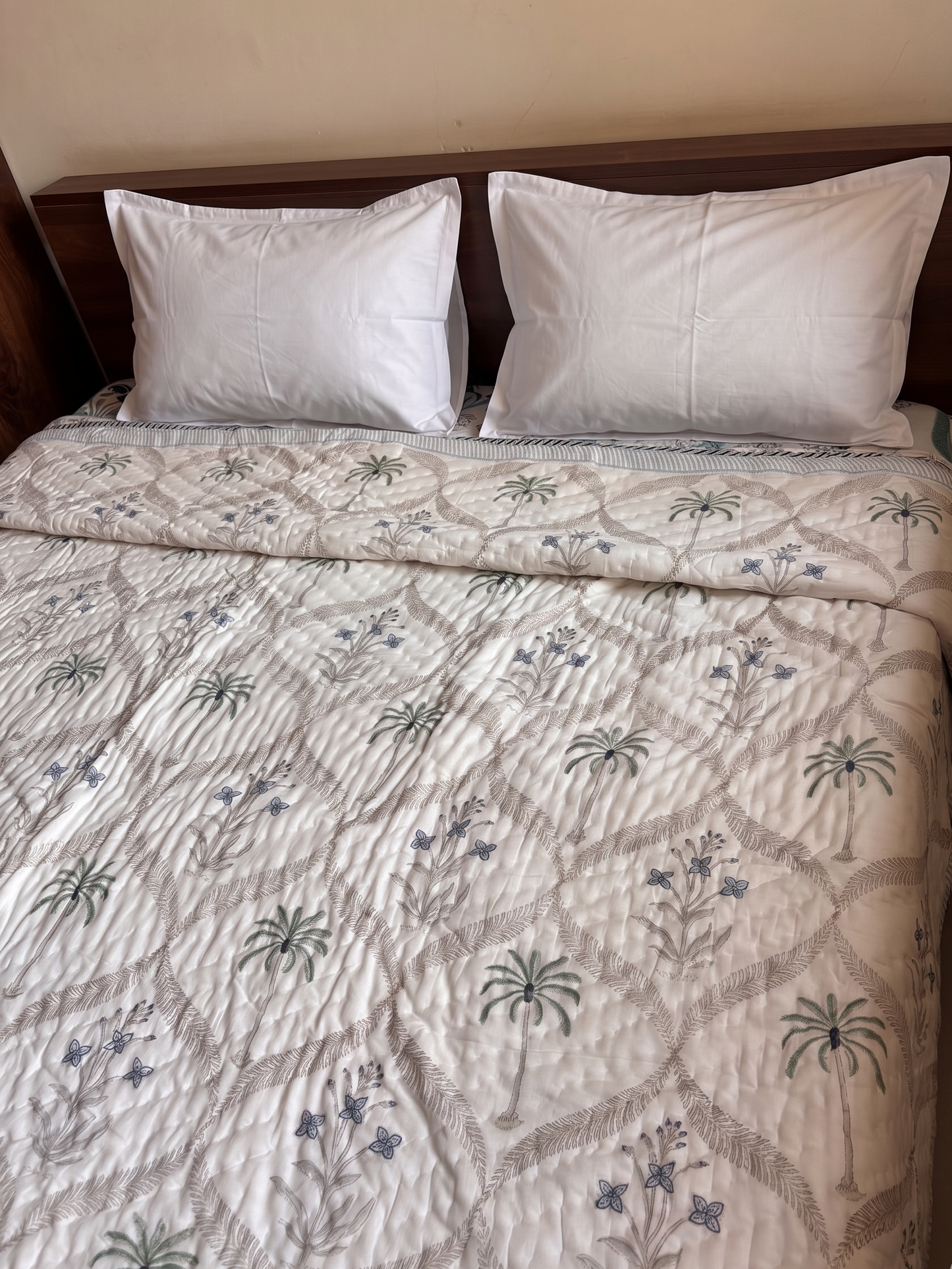 Blue Floral Palm Jaal Handblock Reversible Mulmul Cotton Quilt