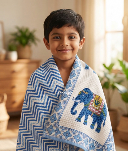 Blue Chevron Handblock Waffle Cotton Bathing Towel