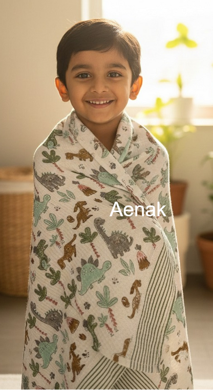 Dinosaur Handblock Printed Waffle Cotton Bathing Towel